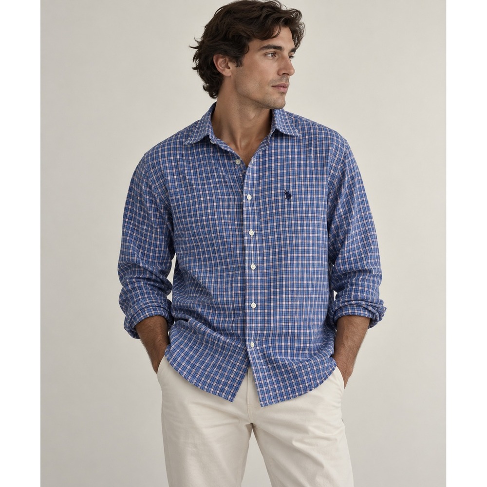 US Polo Assn Button Down Shirt Blue Plaid Long Sleeve Preppy Classic Large L